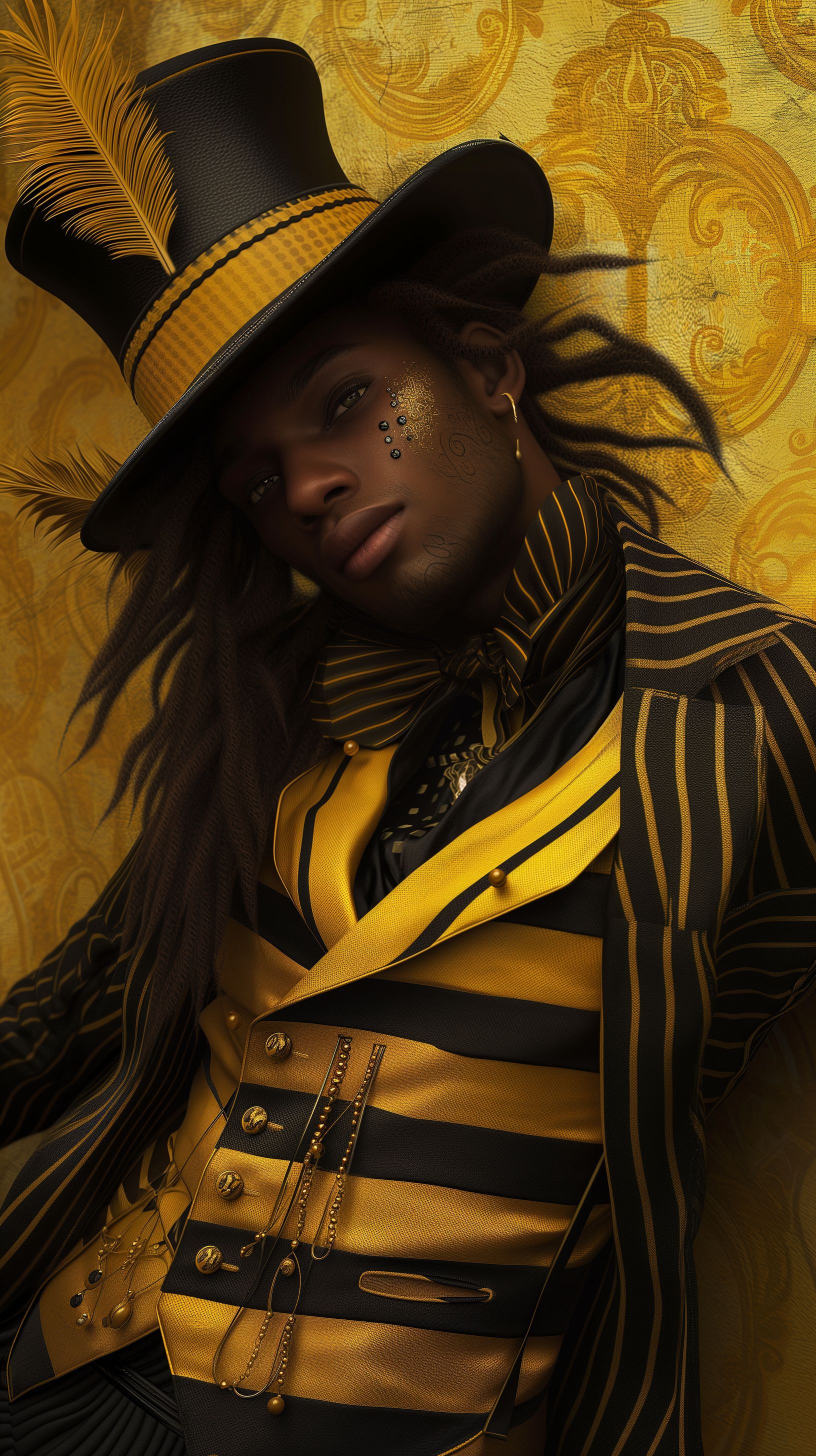 Prompt: realistic, a beautiful youthful handsome black man, in a 1600s yellow themed voodoo shop, breathless, leaning on a wall, mouth parted open with big beautiful lips, eyes half closed with pupils looking up, chocolate colored eyes, long dredlocks, form fitting black and yellow pin stripe suit, and a top hat with long yellow feathers and a bleached bird skull on it, reaching out to grab viewer, head tilted back, flirty, thick black eyeliner around his eyes, --v 6.0 --ar 9:16
