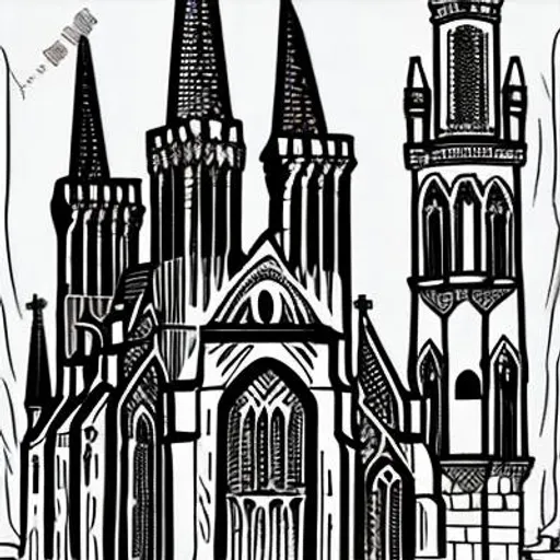 Prompt: church, church design, medieval architecture, catholic, city skyline, old town, sketchy, cartoon style, happy life, moon, coloring page