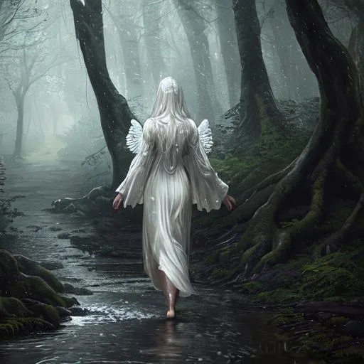 Prompt: A  painting of a walking highly-detailed angel through an old forest,flowing rain effects,sharp focus,8k,unreal engine 5,award-winning photograph,highly detailed,night,no face,dark ambient,black wearings