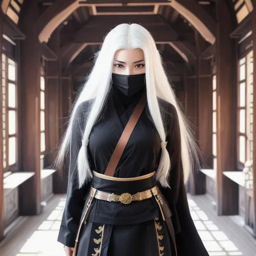 Prompt: Beautiful young woman with long white hair, dressed like a ninja, black mask on her face, belt on her hip, holding two katanas, monastery setting