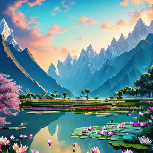 Prompt: Create the highest masterpiece of art image: a heavenly landscape with lush waterlilies and beautiful swans floating on the surface of the lake, stunning palm trees and fabulous Himalaya Mountains in the background, UHD engine 5, HDR, Octane 3D effects, 256K, good proportions, balance of the tones, intricate details, reflective, centered, fit in frame, focus sharp, harmony of the tones.