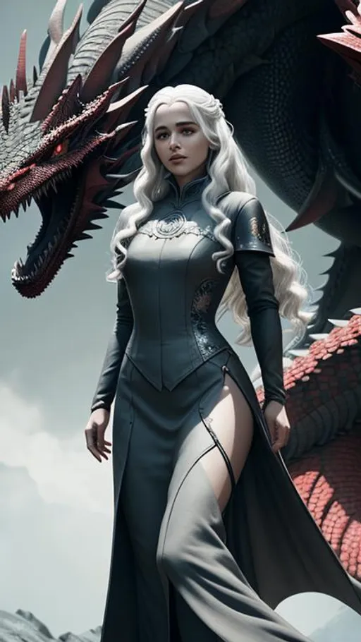 Prompt: Centered shot. Close up. Beautiful Targaryen queen standing in front of a large dragon. octane render, cinematic, highly detailed, vibrant, production cinematic character render, detailed face, beautiful face, ultra high quality model, 8k Ultra HD, (small breast), full body visible. 