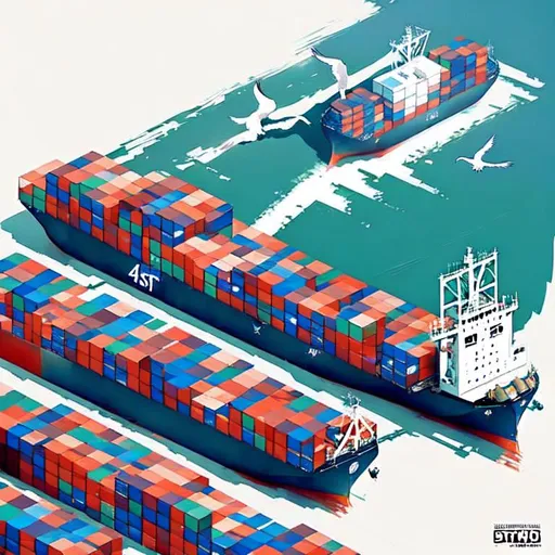 Prompt: An isometric view of two 40ft standard shipping containers being loaded onto a cargo ship at a port, with seagulls flying around them and crates scattered around the dockside area. Art Style Note: This image should be rendered in an anime-inspired art style, with muted colors and detailed textures throughout. 