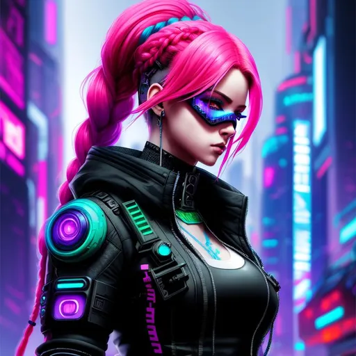 Prompt: A hyper realistic detailed character poster ((full body)) image of a ((beautiful woman)), with intricate ((cyberpunk clothes)) with braided ((ginger ombre green hair)). Wearing (( cyberpunk mask)), highly detailed, digital painting, Trending on artstation, HD quality, ((by Prywinko)), ((sexy))