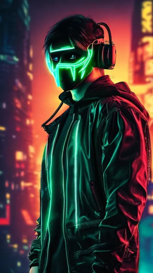 Prompt: man, cs and cyberpunk style, green neon lights and mask, dark