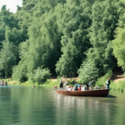 Prompt: image of a boat on the river with people fishing with trees in the background
