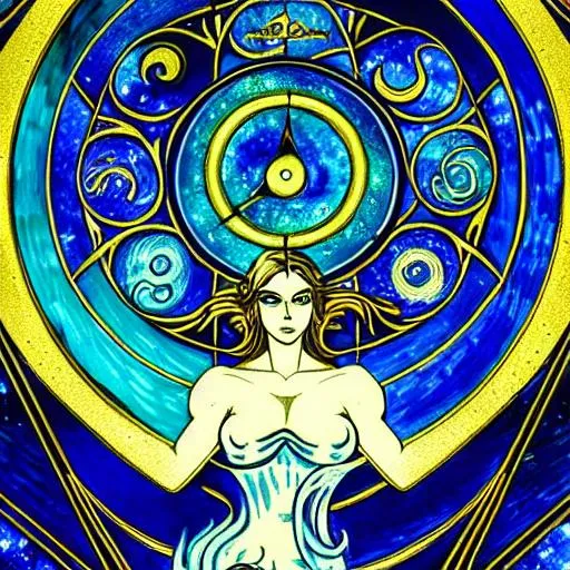 Prompt: Female Gemini zodiac sign, drawing, dynamic setting, realistic proportions, gothic, forest, background, detailed blue, black, gold, copper, jade tinted, grim, van Gogh 