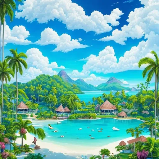 Prompt: a painting of a stunning tropical island surrounded by lush green trees and crystal clear blue waters. The sky is filled with white fluffy clouds, adding to the beauty of the scene. In the foreground, there is an idyllic pool with a small building nearby. Further in the background, you can see a large mountain range that stretches out into the horizon. On closer inspection, you can also spot some plants growing on this paradise island. 