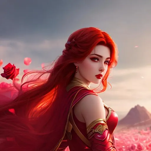 Prompt: A surreal landscape of a rose warrior, wearing soft petals, with very fair complexion, red gloss lips, rosy cheeks, red lips, voluminous auburn hair, stylized CGI, fantasy genre, woman.
