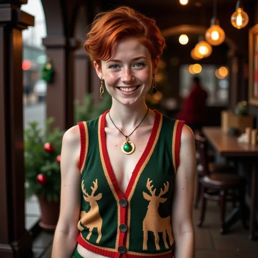 Prompt: She is wearing an ugly Christmas sweater vest that is unbuttoned and mini-skirt. She is not wearing a shirt. She is smiling. Full length image