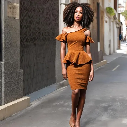 Prompt: Caramel coloured 40 year old woman with thin shoulder length dreadlocks and brown cold shoulder peplum dress