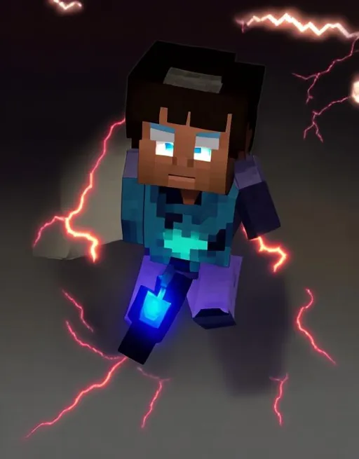 Prompt: use this photo to create an identical Minecraft character with glowing eyes. Lightning in the sky 