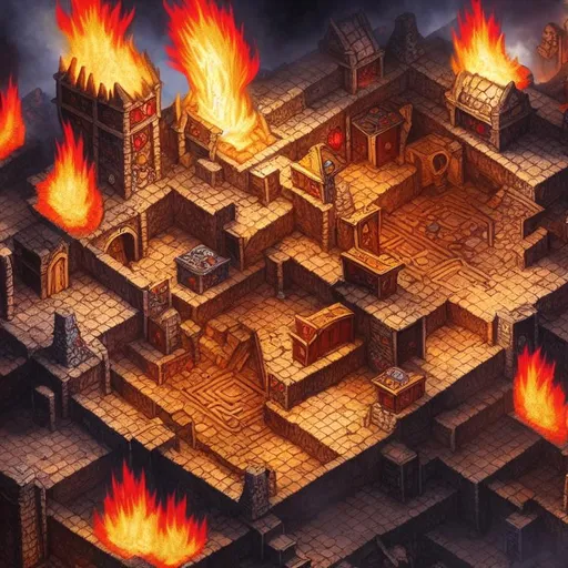 Prompt: dungeons and dragons 5e, battle map, dwarven underground city on fire, battle, square, top-down, wide paths, buildings, dark, detailed, artistic, smoke