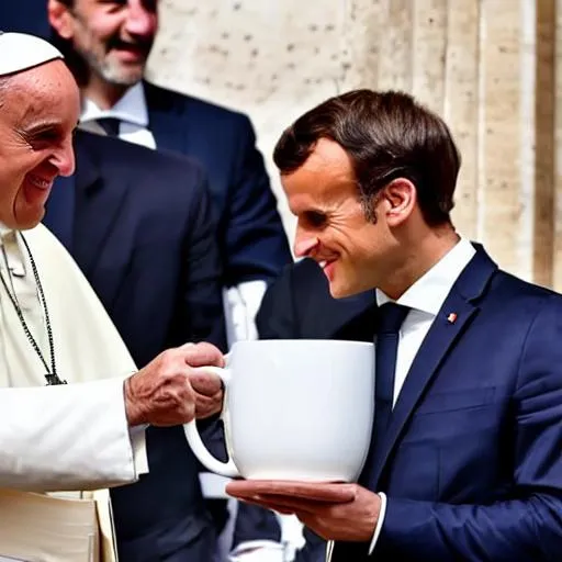 Prompt: The son of Emmanuel Macron and the pope Francis spotted drinking a cup of coffee in Paris