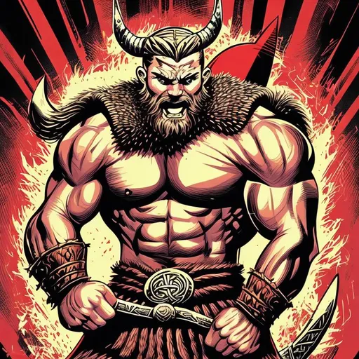 Prompt: Retro comic style artwork, highly detailed Viking warrior flexing muscles, comic book cover, symmetrical, vibrant