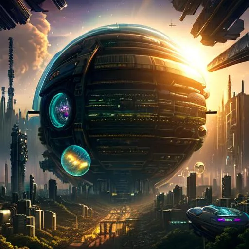 Prompt: cyberpunk, steampunk, solarpunk, hd, hdr, wind, sun, forest, city, future, space, bubble city, ark halo, cosmos, frank muiller, biblical
