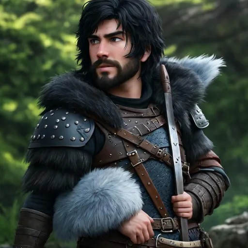 Prompt: Please produce a 25 year old male viking from How to Train Your Dragon, no beard, no moustache, photo session, attractive, black hair, (((full body visible))), looking at viewer, portrait, photography, detailed skin, realistic, photo-realistic, 8k, highly detailed, full-length frame, High detail RAW color art, piercing, diffused soft lighting, shallow depth of field, sharp focus, hyperrealism, cinematic lighting