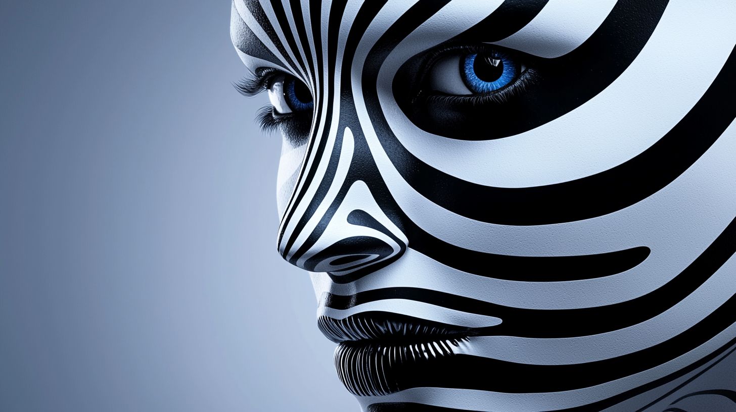 Prompt: Digital art of a face patterned with black and white stripes, where the surface mirrors chrome reflections. The scene is enhanced by quantum wavetracing, offering a unique visual experience. The backdrop blends light bronze and dark blue, alluding to a multimedia installation with strong futurist influences. Certain features stand out with selective focus.