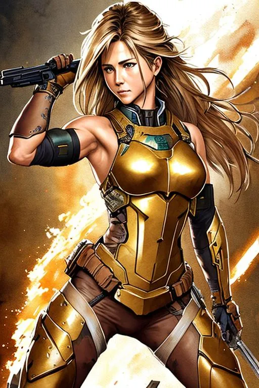 Prompt: (((Yoji Shinkawa))), sticker of ultra detailed portrait of Jennifer Aniston in gold armour, full body, high quality cell shaded illustration in post apocalyptic style by Yoji Shinkawa, ((full body)), dynamic pose, perfect anatomy, centered, freedom, soul, brown long hair, approach to perfection, cell shading, 4k , cinematic dramatic atmosphere, watercolor painting, global illumination, detailed and intricate environment, artstation, concept art, fluid and sharp focus, volumetric lighting, cinematic lighting, Art by Yoji Shinkawa,
