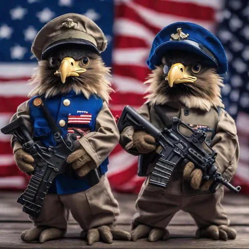 Prompt: two cute small eagle wear blue US marine uniforms, with M16 assault rifles in hand. USA flag as background