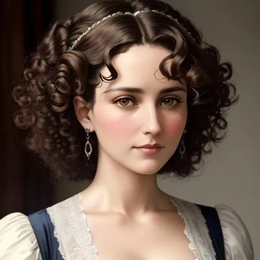 Prompt: An attractive 35 year old woman with very curly hair, elegant, Victorian era, 19th century, facial closeup, in color