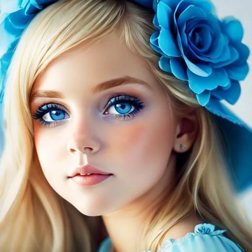 Prompt: baby  girl with very light blonde hair and big blue eyes wearing a blue dress, closeup