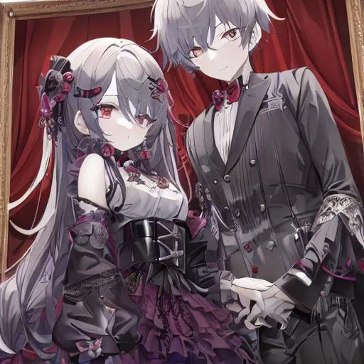 Prompt: (Masterpiece, best quality) twin brother and sister, 1 boy, 1 girl, brother and sister, goth, eerie, aesthetic, chibi, young, oddly cute, portrait, framed