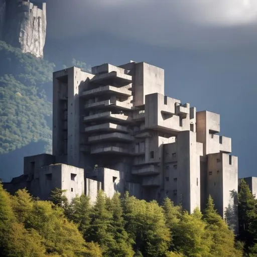 Prompt: large castle on the side of a Mountain, brutalist architecture 