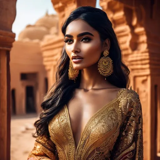 Prompt: portrait of a beautiful exotic woman, vibrant golden lingerie, traditional dress, ancient desert town, greg rutkowski

ultra-realistic, high-resolution portrait of beautiful woman, hyper detailed perfect face, full body, long legs, perfect body, high-resolution cute face, perfect proportions, smiling, intricate hyperdetailed hair, light makeup, sparkling, highly detailed, intricate hyperdetailed shining eyes, Elegant, ethereal, graceful, HDR, UHD, high res, 64k, cinematic lighting, special effects
