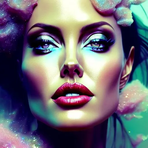 Prompt: Angelina Jolie, Dreamy, A beautiful ethereal woman turning into glittery dust, disappearing, fragmented, vanishing into dust clouds from top to bottom art by Alberto seveso, gediminas pranckevičius, pino daeni, peter mohrbacher, intricate details, highly detailed, cinematic smooth, unreal engine 