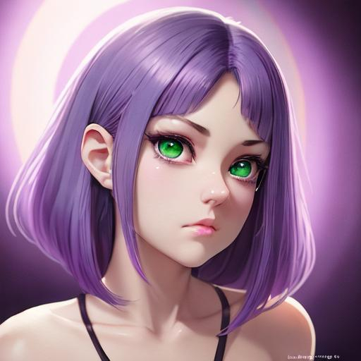 beautiful purple hair girl with green eyes, anime Ch... | OpenArt