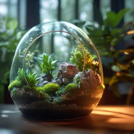 Prompt: **terrarium in a glass photorealistic Camera settings: Full-frame , 100mm lens, f/1.2 aperture, ISO 100, shutter speed 60 seconds. Cinematic lighting, Unreal Engine 5, Cinematic, Color Grading, Editorial Photography, Photography, Photoshoot, Shot on 70mm lense, Depth of Field, DOF, Tilt Blur, Shutter Speed 1/2500, F/13, White Balance, 45k, Super-Resolution, Megapixel, ProPhoto RGB, VR, tall, epic, artgerm, alex ross, Halfrear Lighting, Backlight, Natural Lighting, Incandescent, Optical Fiber, Moody Lighting, Cinematic Lighting, Studio Lighting, Soft Lighting, --ar 3:2 --Screen Space Reflections --Diffraction Grading --Chromatic Aberration --GB Displacement --Scan Lines --Ambient Occlusion --Anti-Aliasing FKAA --TXAA --RTX --SSAO --OpenGL-Shader’s --Post Processing --Post-Production --Cell Shading --Tone Mapping --CGI --VFX --SFX** - <@1067727093565235220>