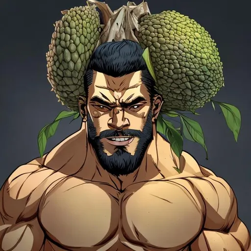 Prompt: A very buff gigachad man in a shirt with a jackfruit as a head