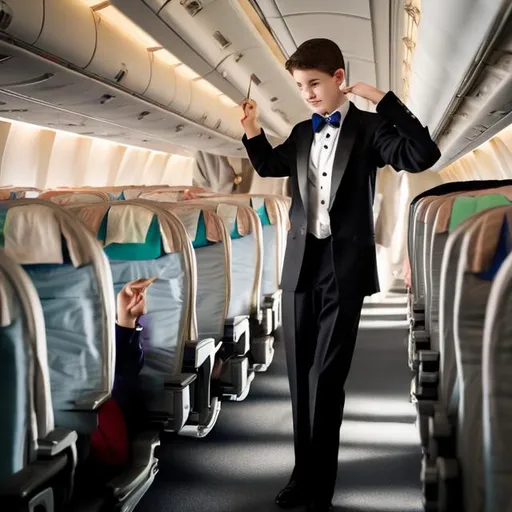 Prompt: 16 year old boy in a tuxedo in the airplane aisle wavering his magic wand at a flight attendant who is in a flight attendant uniform. Sparkling magic forms on the top of the wand as the flight attendant screams and braces for the impact of magic.