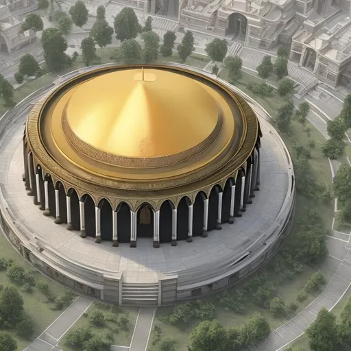 Prompt: simplet Flat single storey square building in concrete with no towers. No decorations. Seen from the outside. the roof shaped like a large  dome covered in gold symbolising the rising sun. The building has windows with Gothic arches and a door shaped like a semicircle. A big centeret door in the shape of a half circle with sun rays emanating from it