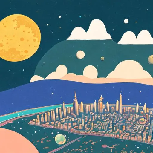 Prompt: Illustration of a city on a planet in the style of the little prince