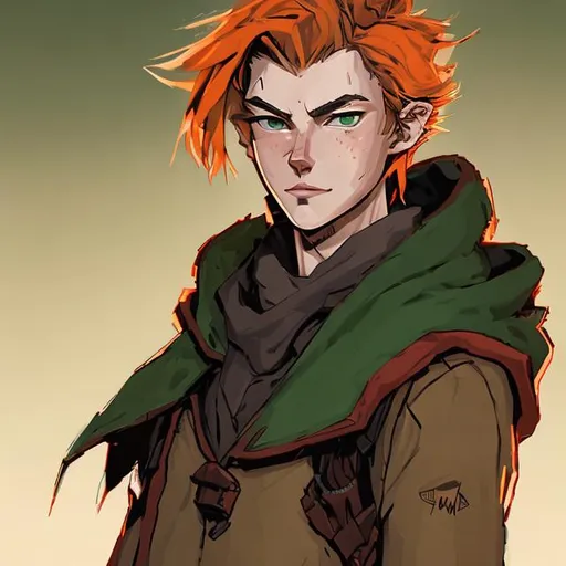 Prompt: a tall and lanky figure with wild red-ish blonde hair, green eyes, a dark cloak, and a bit of a round head. in the style of Marvel, and Apex Legends. More of an animated look, and a mark under right eye