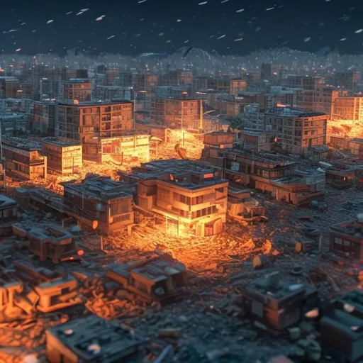Prompt: small tsunami wave crashing into tiny wooden AI construction site city at night
