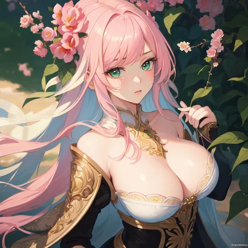 Prompt: Masterpiece, illustration, best quality:1.2), 1girl, solo, pink hair, dignfied, finely detailed, detailed face, toned face, beautiful detailed eyes, beautiful detailed shading, beautifully detailed background, green eyes, flowers everywhere, flower inspired, sad girl, sad eyes, distraught, panic