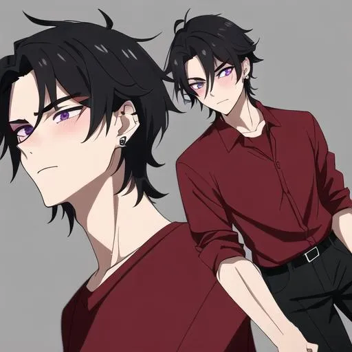 Prompt: Male young adult, 19, (Short black messy hair falling between the eyes, sharp and tired purple eyes, and a feminine body), red shirt untucked, black pants, sloppily dressed,  Black piercings, highly detailed face, 8K, Insane detail, best quality, UHD, highschooler, handsome, flirty, blushing, shy, unkempt apperance, wrinkled clothes