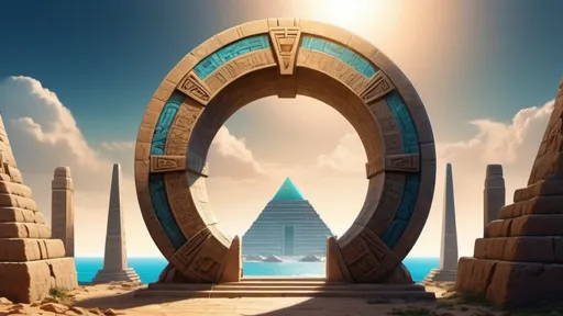 Prompt: circular portal, gateway between cities realms worlds kingdoms, ring standing on edge, freestanding ring, hieroglyphs on ring, complete ring, obelisks, pyramids, panoramic view, atlantis setting