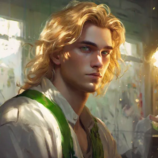 Prompt: beautiful young man, painter, golden hair, bright green eyes concept art, epic lighting, finely-tuned, octane rendering