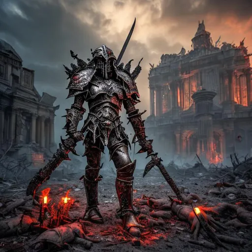 Prompt: metal maden male chaos warrior of khorne in armor is holding a great sword in a ruined post-apocalyptic city, sci-fi, fantasy, horror, skulls on the ground, blood, Tornado, Roman, Empty chairs, Tangled roots, Key, Warped, Mangled, Ethereal, (Isolation:1.1), (Glaze:1.1), (Reflected light:1.2), Glass, Polygon, ultra detailed, intricate, oil on canvas, dry brush, (surrealism:1.1), (disturbing:1.1)