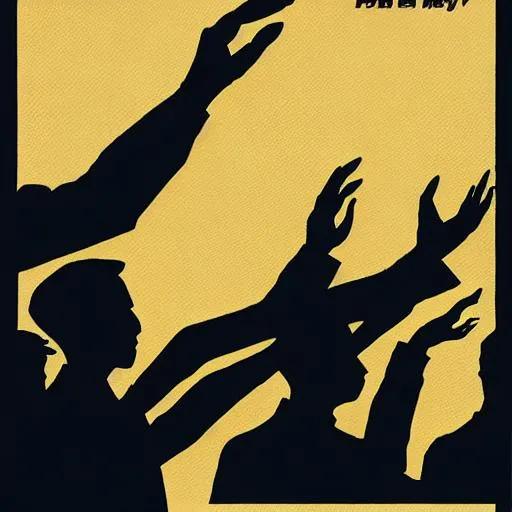 Prompt: Propaganda art of leader silhouette speaking to a crowd, also silhouettes.