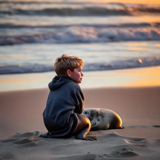 Prompt: a little boy sitting on the beach at dusk with seal around him