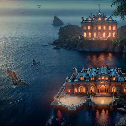 Prompt: beautiful antique european villa in the middle of the ocean late evening with fyling planes and birds flying at the horizon cozy