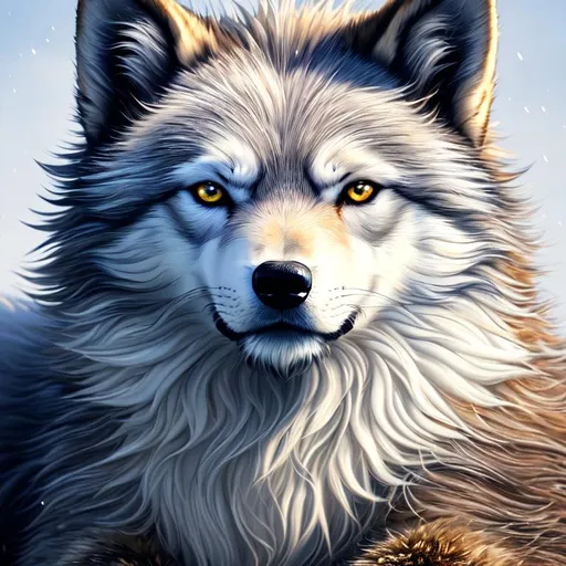 Prompt: (full body, professional oil painting, epic digital art, intricately detailed, best quality:1.5), insanely beautiful epic direwolf, thick frosted gold fur, glistening (silver eyes:15), scarlet magic fur highlights, 8k expressive big silver eyes, thick soft ethereal 8k fur, wispy fur, wispy hair, detailed face, intricate details, blue frost on forehead, gold crystals on crest, game of thrones, intricately detailed, masterpiece, symmetric, perfect composition, cinematic lighting, soft lighting, studio light, ambient gold light, 8k, complementary colors, golden ratio, high octane render, volumetric lighting, depth, realistic, highly detailed shading, unreal 5, enchanted woods, timid, ethereal, winter wonderland, snow falling, silver light columns, artstation, top model, sunlight on fur, intricate hyper detailed breathtaking colorful glamorous scenic view landscape, Yuino Chiri, ultra-fine details, hyper-focused, deep colors, dramatic, blizzard, medium full body, intricate detail, high quality, high detail, masterpiece, intricate facial detail, high quality, detailed face, intricate quality, intricate eye detail, highly detailed, high resolution scan, intricate detailed, highly detailed face, very detailed, high resolution