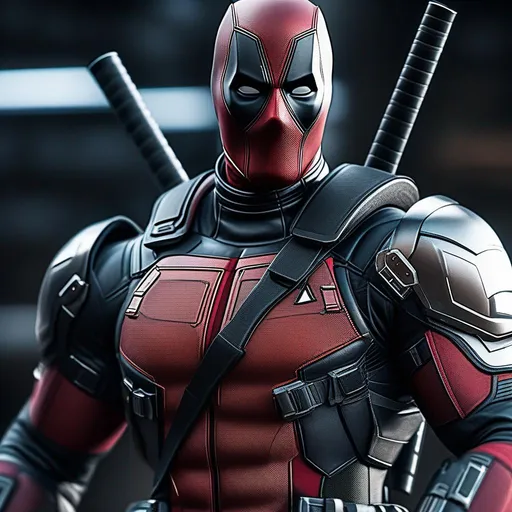 Prompt: Masterpiece, Deadpool wear black and silver exoskeleton armored suit, heroic pose, finely detailed armor, intricate design, cinematic lighting, 4k, perfect composition, beautiful detailed intricate insanely detailed octane render trending on artstation, 8 k artistic photography, photorealistic concept art, soft natural volumetric cinematic perfect light, chiaroscuro, award - winning photograph, synthwave, inkpunk, by greg rutkowski, beeple, beksinski, giger, neon ambiance, abstract black oil, gear mecha, detailed acrylic, grunge, intricate complexity, rendered in unreal engine, photorealistic, neon color, disco, cypunk, futuristic, trending on artstation, by greg rutkowski,  8k
