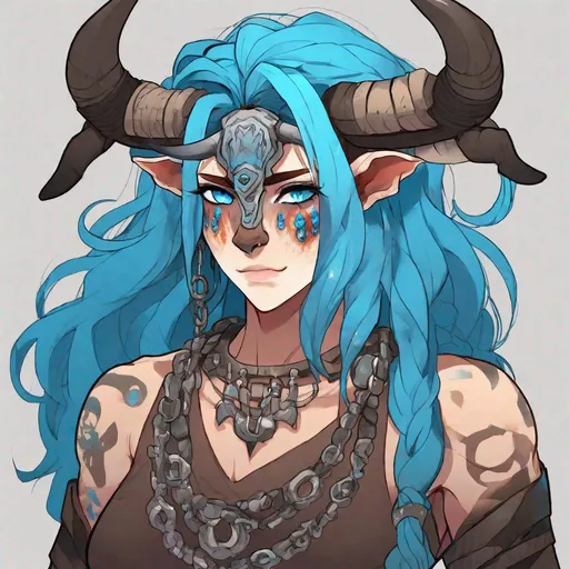 Prompt: Your OC is a massive withered minotaur, with fiery sky blue eyes. They identify as female, and have a piercing voice. As an accessory, they have 2 buttons, and they can be seen wearing a collar.