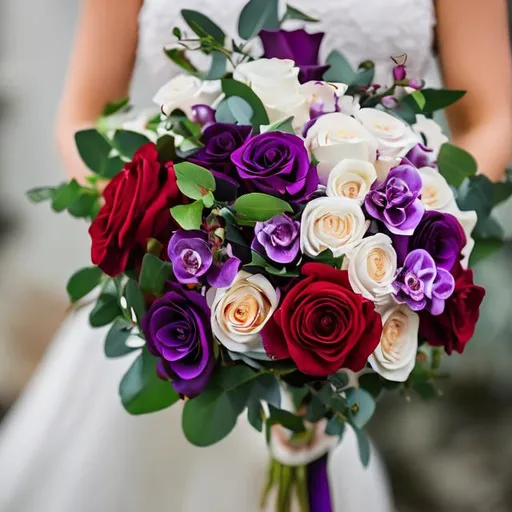 Prompt: red rose bouquet with purple orchids